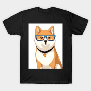 Cute Shiba Inu Dog with Nerdy Blue Glasses - Anime Wallpaper T-Shirt